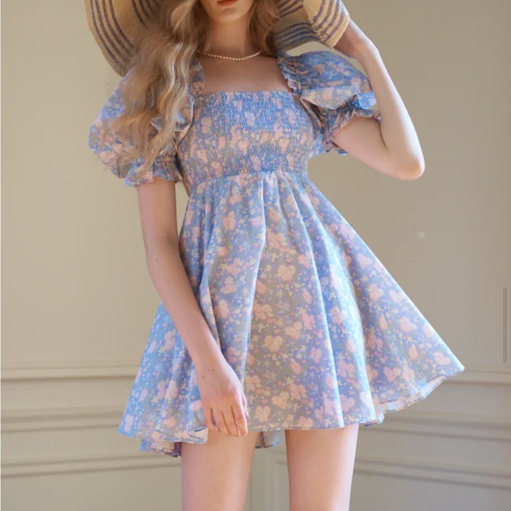 Selkie Blue Floral Puff Sleeve Mini Dress